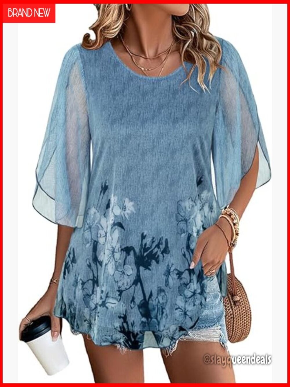 Floral Mesh Ruffle Sleeve Blouse, Stretchy Chiffon Top, 3/4 Sleeve, Business